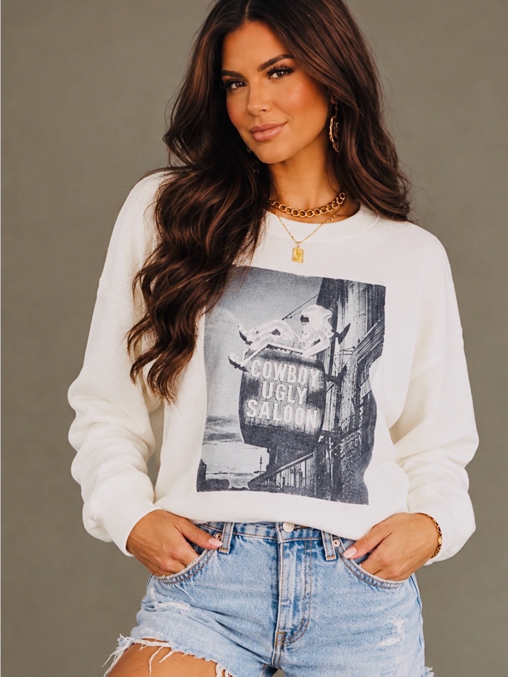 Cowboy Ugly Saloon Graphic Sweatshirt - White
